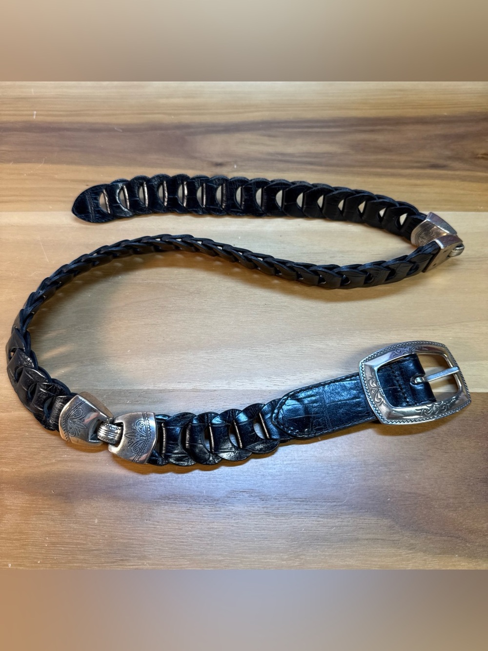 VTG Brighton 95803 Women's Black Braided Woven  Leather Belt Silver Buckle Sz M
